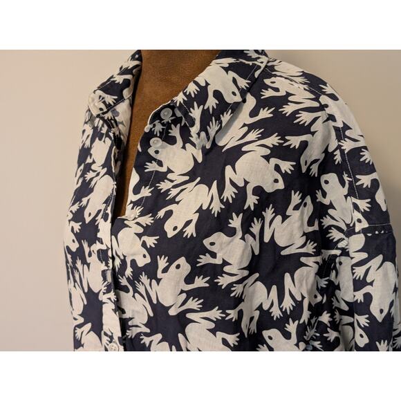 ​Lesley Evers Navy & White Frog Print Linen Blend Button-Down Shirt - Size Large - Picture 3 of 10